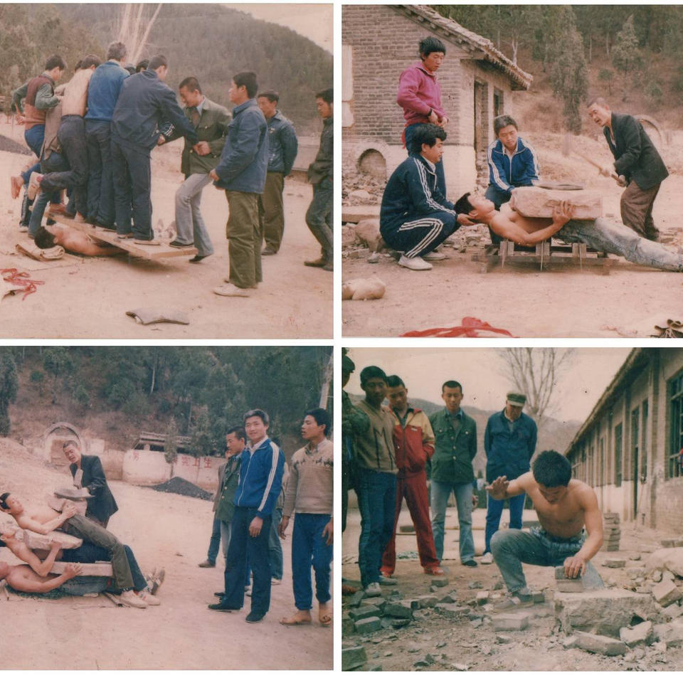 Collage of vintage photos showing hard qi gong feats including stones on body